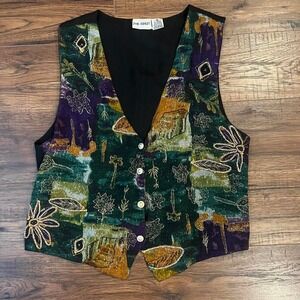 Vintage Eclectic Beaded Floral Women Vest Medium Fairy Cottagecore Indie Western